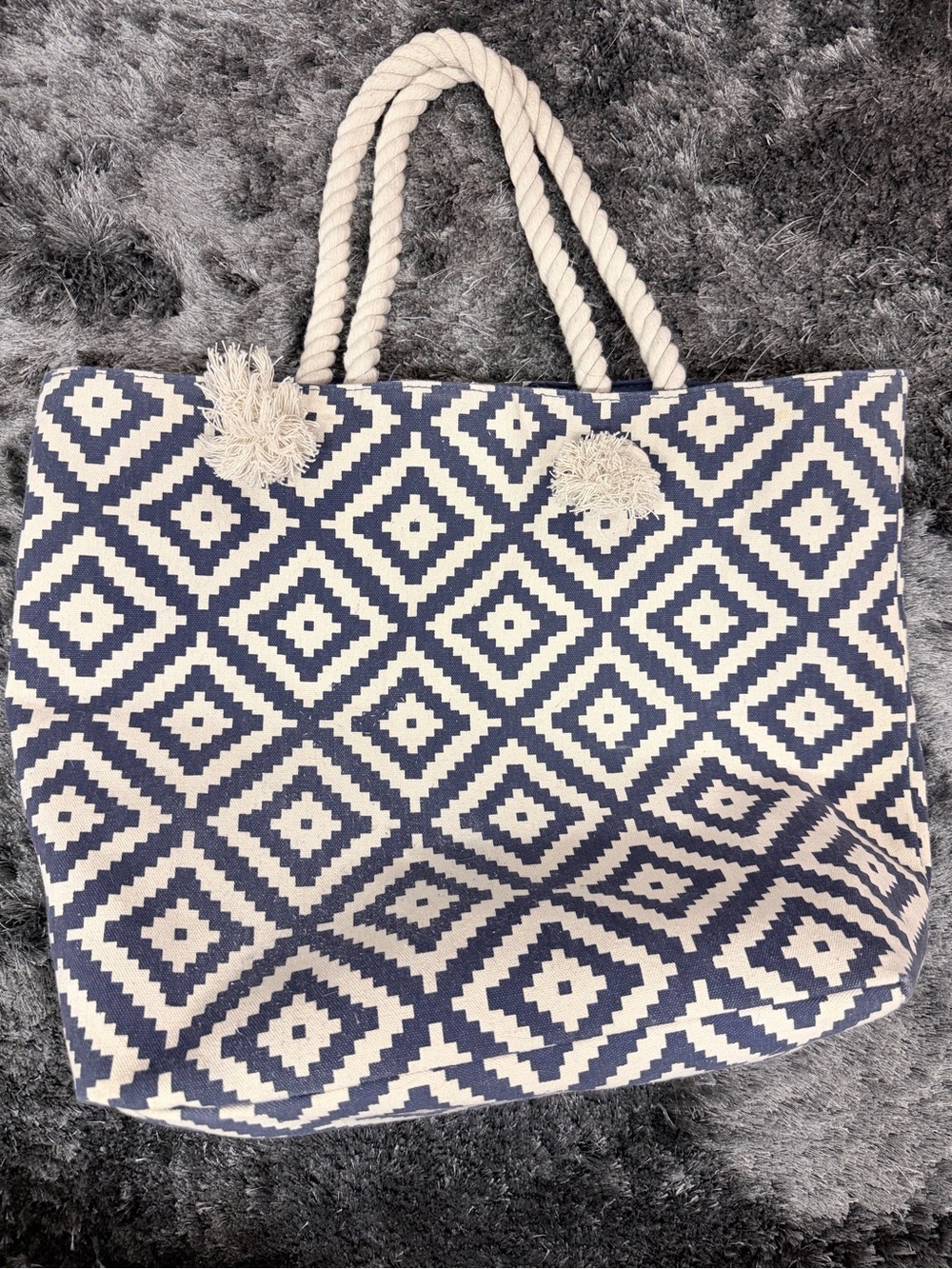 Navy & White Geometric Beach Tote with Rope Handles